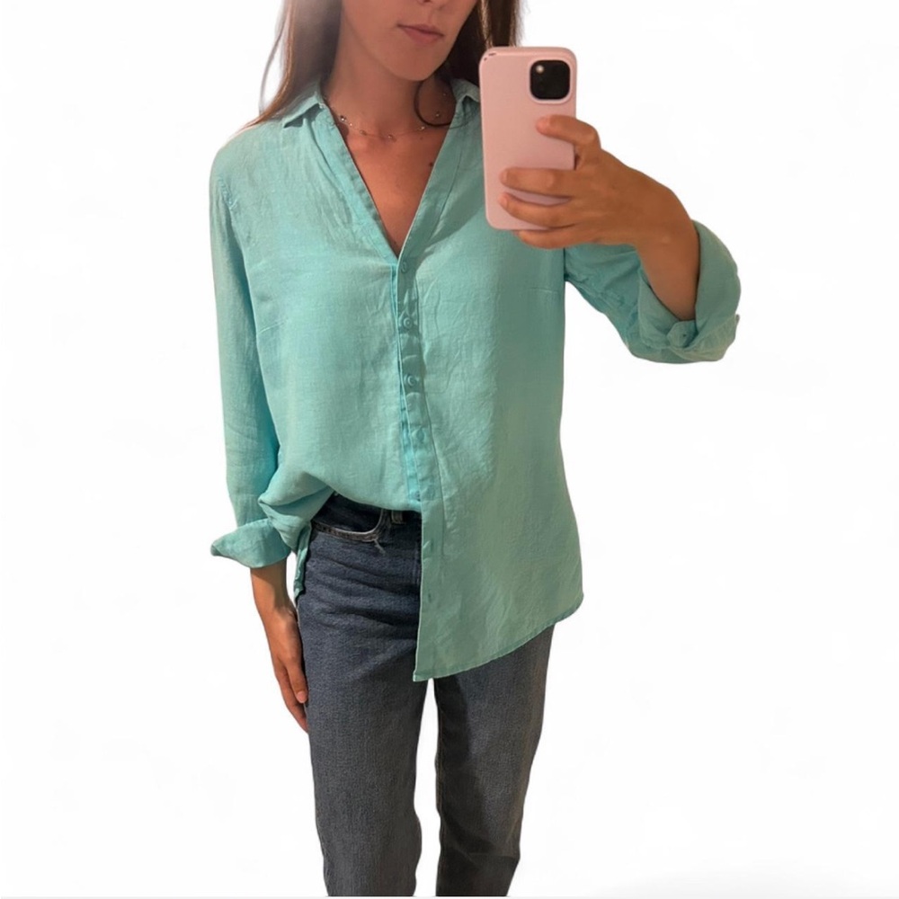 Women's Aqua Button-Up Blouse 100% Linen